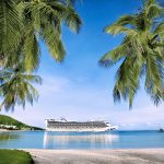 Caribbean Princess Cruise Ship among palm trees and a beach.